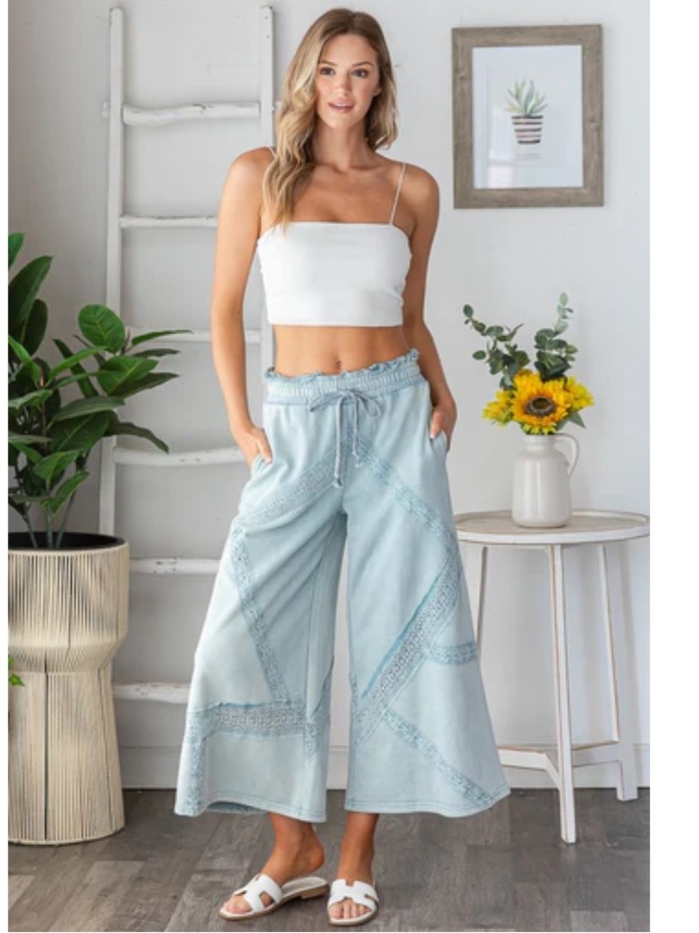 New: Oli & Hali Light Blue Terry Knit Wide Leg Pants with Lace Trim• Medium